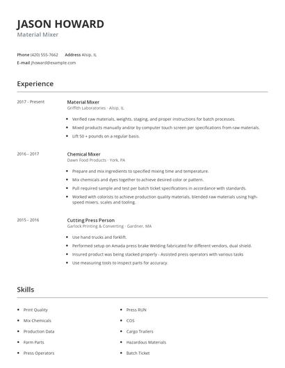 Material Mixer Resume