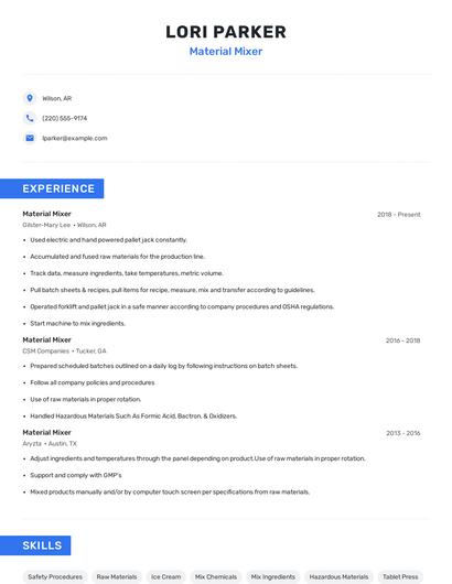 Material Mixer Resume