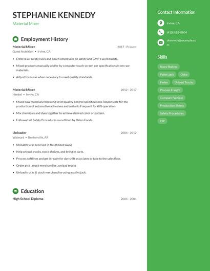 Material Mixer Resume