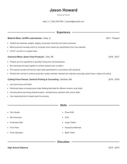 Material Mixer Resume