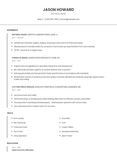 Material Mixer Resume