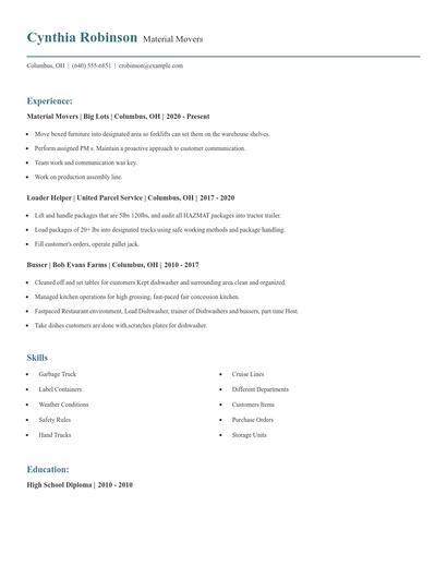 Material Movers Resume