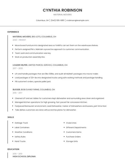 Material Movers Resume