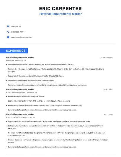 Material Requirements Worker Resume