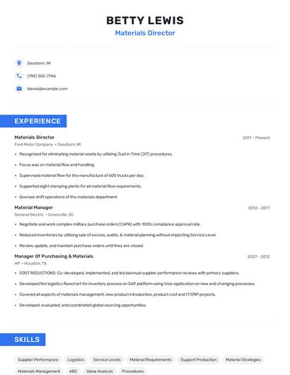 Materials Director Resume