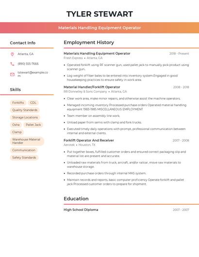Materials Handling Equipment Operator Resume