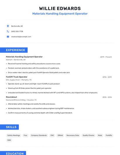 Materials Handling Equipment Operator Resume