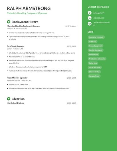 Materials Handling Equipment Operator Resume
