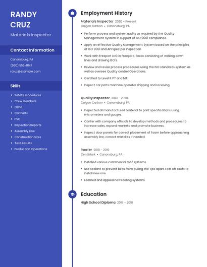 Materials Inspector Resume