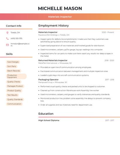 Materials Inspector Resume