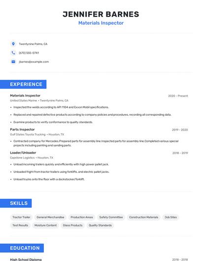 Materials Inspector Resume