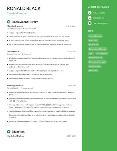 Materials Inspector Resume
