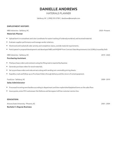 Materials Planner Resume
