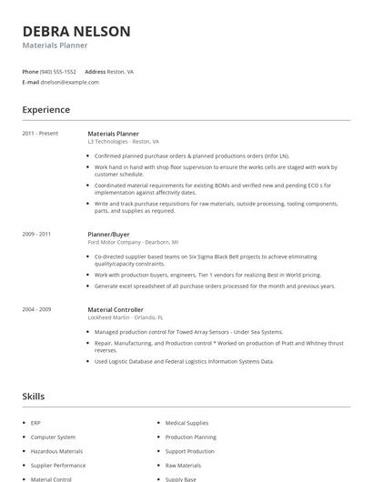 Materials Planner Resume