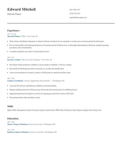Materials Planner Resume