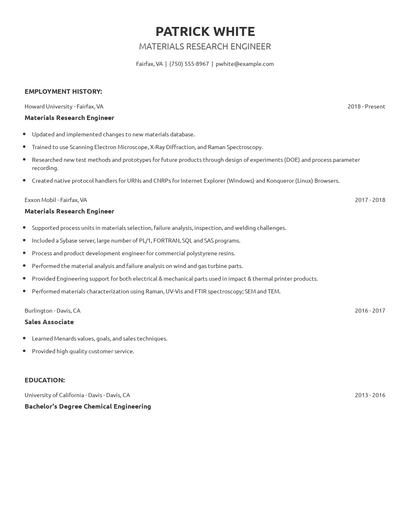 Materials Research Engineer Resume