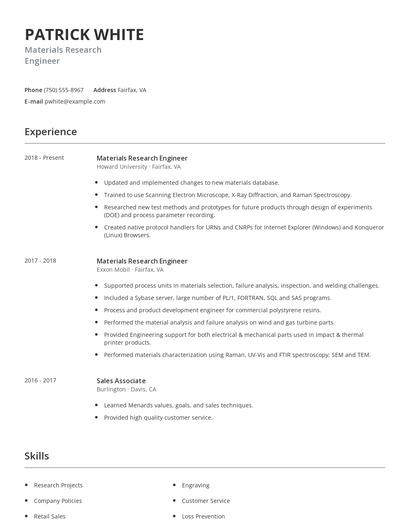 Materials Research Engineer Resume