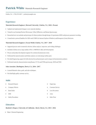 Materials Research Engineer Resume