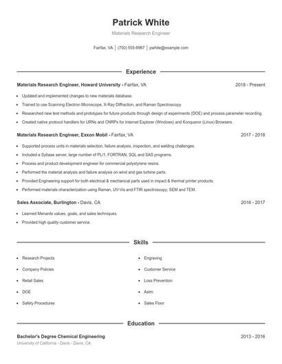 Materials Research Engineer Resume