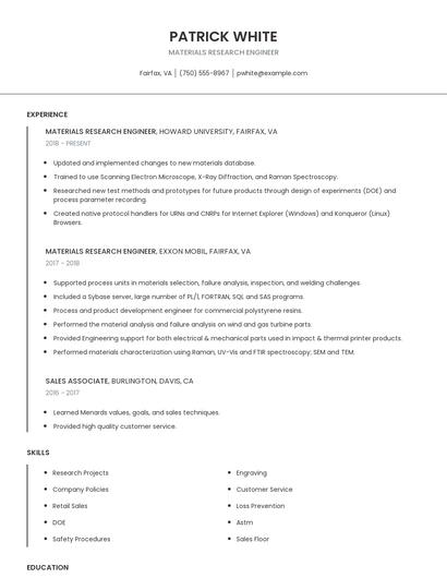 Materials Research Engineer Resume