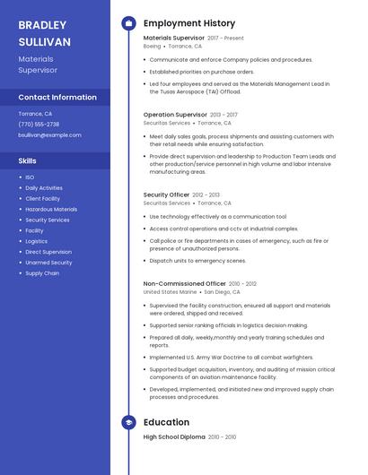 Materials Supervisor Resume