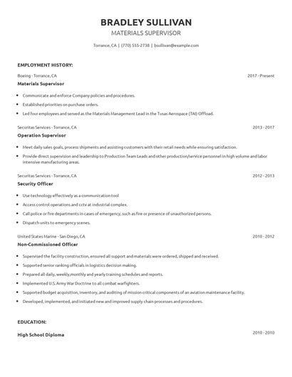 Materials Supervisor Resume