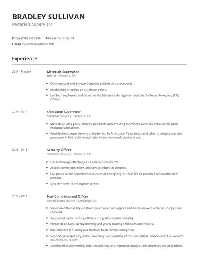 Materials Supervisor Resume