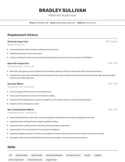 Materials Supervisor Resume