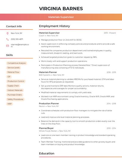 Materials Supervisor Resume