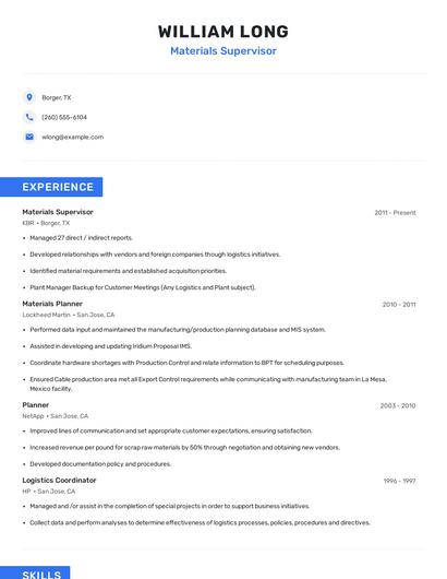 Materials Supervisor Resume
