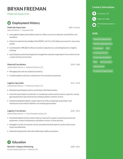Materials Supervisor Resume