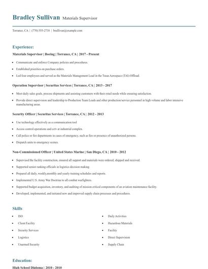 Materials Supervisor Resume