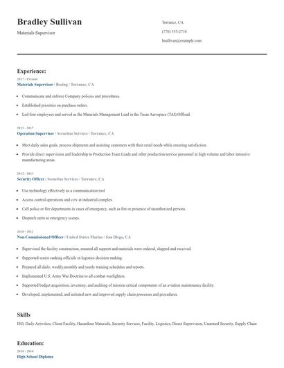 Materials Supervisor Resume