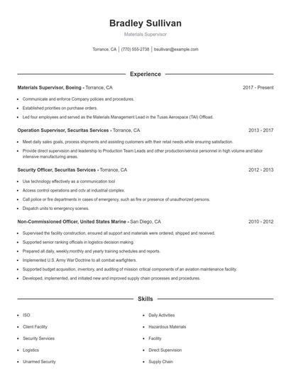 Materials Supervisor Resume