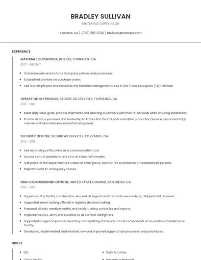Materials Supervisor Resume