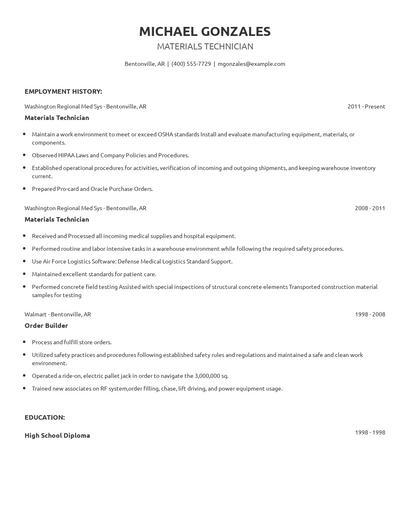 Materials Technician Resume