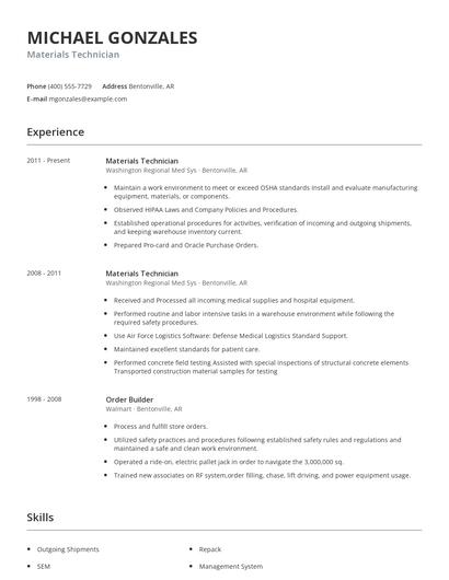 Materials Technician Resume