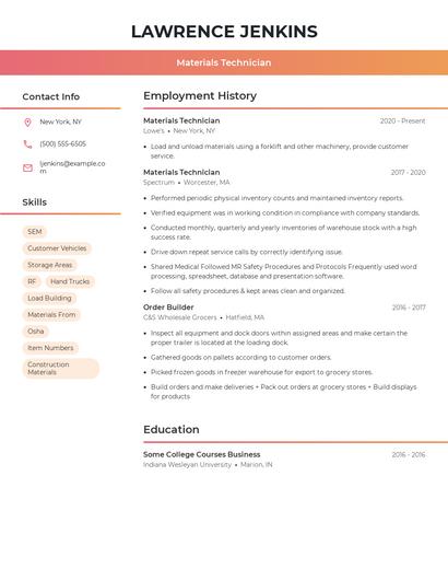 Materials Technician Resume