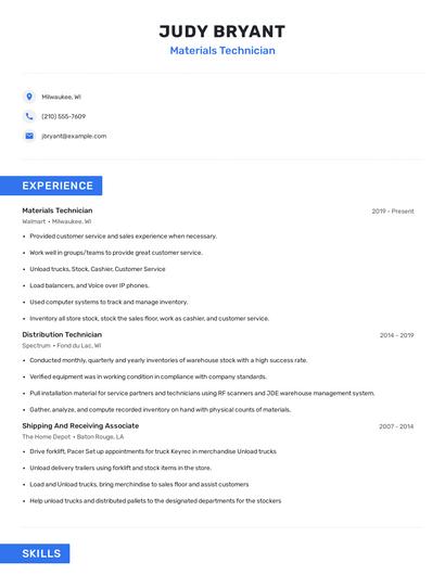 Materials Technician Resume