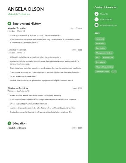Materials Technician Resume