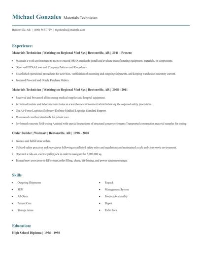 Materials Technician Resume