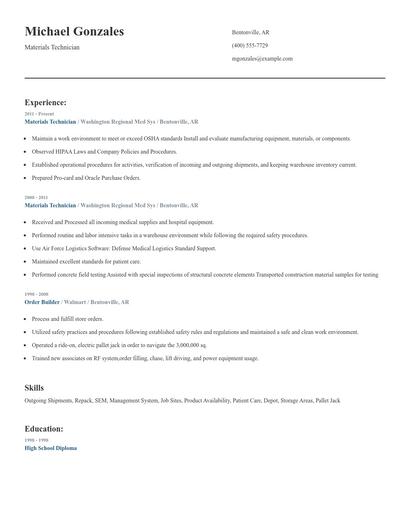 Materials Technician Resume