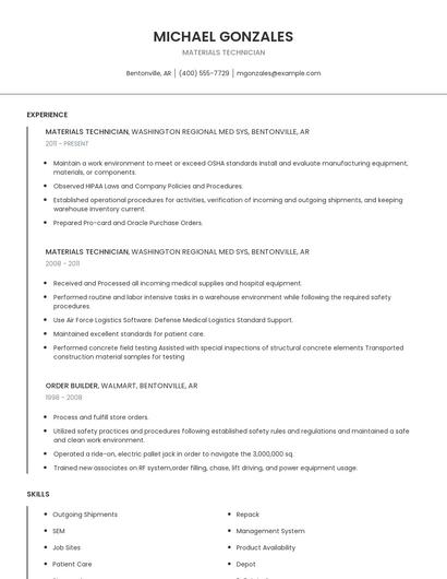 Materials Technician Resume