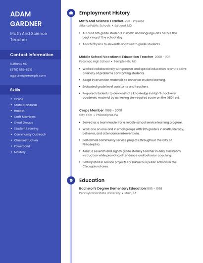Math And Science Teacher Resume