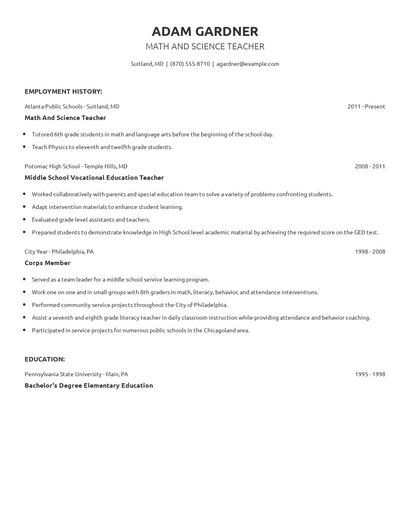 Math And Science Teacher Resume