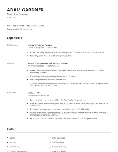 Math And Science Teacher Resume