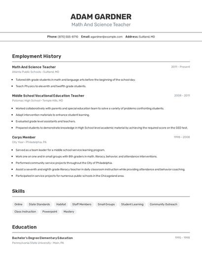 Math And Science Teacher Resume