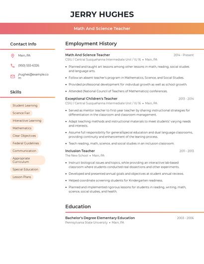 Math And Science Teacher Resume