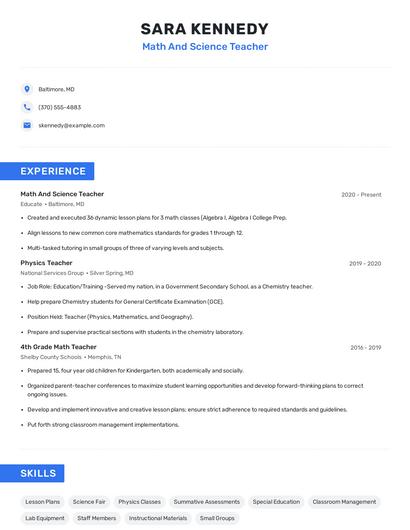 Math And Science Teacher Resume