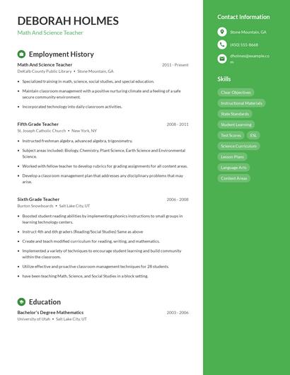 Math And Science Teacher Resume